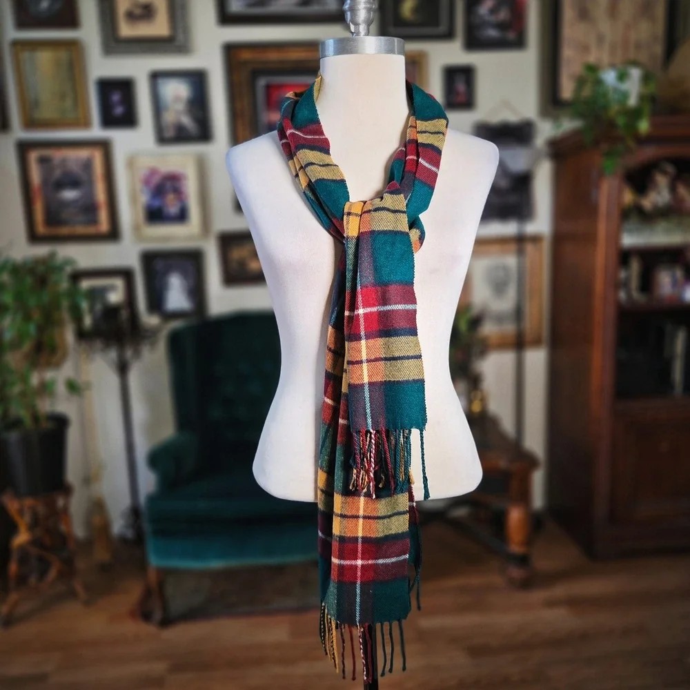 Tartan Scarf Plaid Cashmere Blend Italy Design Red Green Yellow Fringe Winter